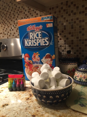 I always suggest using prep bowls when making Rice Krispies because there is not a lot of time to waste between steps.